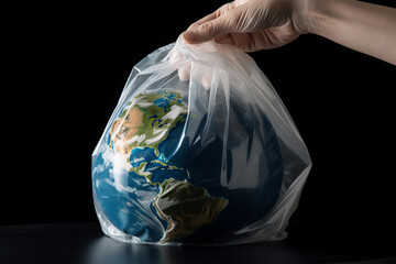 Wall Mural - A person putting earth in a plastic bag. global environment concept. Generative ai