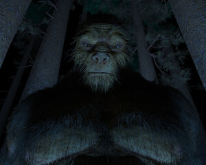 3d illustration of a Bigfoot Sasquatch cryptid looking down at the viewer against a forest at night background