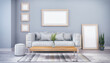 Illustration - Skandinavisches, nordisches Wohnzimmer mit einer Couch, Tisch und einem Teppich - leere Bilderrahmen - Textfreiraum - Platzhalter - Retro Look