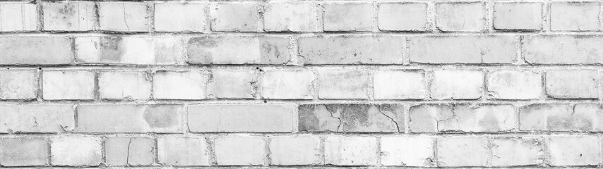 Wall Mural - White gray light damaged rustic brick wall brickwork stonework masonry texture background banner panorama.