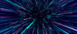 Abstract blue hyper jump. Digital hyperspace with flow of bright particles. Beams motion in galaxy. Big stars explosion. Space glowing tunnel moving at the speed of light. 3d rendering.