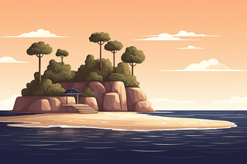 Island paradise with sunset sky and ocean waves illustration