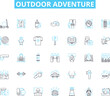 © Nina - Outdoor adventure linear icons set. Hiking, Camping, Rafting, Zip-lining, Mountain biking, Climbing, Kayaking line vector and concept signs. Hunting,Fishing,Safari outline illustrations