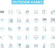 © Nina - Outdoor games linear icons set. Frisbee, Soccer, Volleyball, Baseball, Cricket, Tennis, Badminton line vector and concept signs. Kubb,Cornhole,Bocce outline illustrations Generative AI