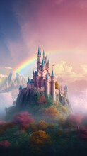 Big Fantasy Castle With Sky Rainbow. Generative AI