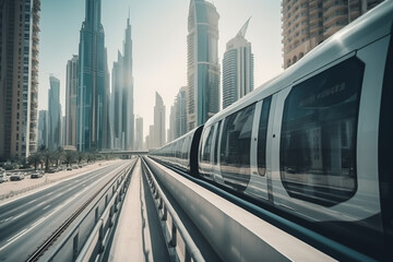 Metro in Dubai, UAE. Public transport with skyscrapers and city skyline in background.