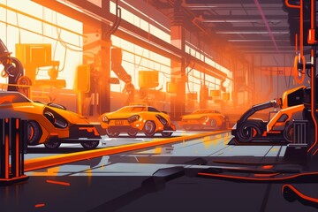 Car factory with robot arms for industry production concept created with generative AI technology.