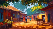 Illustration Of Evening Sunset At Rural Countryside African Village With People Walking On Street, Idea For Home Wall Decor Picture, Generative Ai