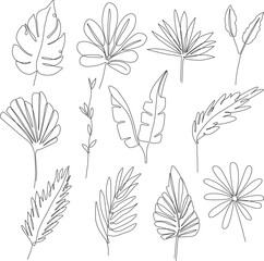 One line continuous boho leaves set, single line drawing art, leaves art, botanical leaf isolated, simple art design, abstract line, vector