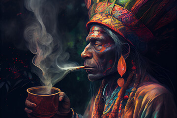 Wall Mural - Image of shaman before preparing psychedelic hallucinogenic ayahuasca, concept of spiritual practice in amazon jungle.