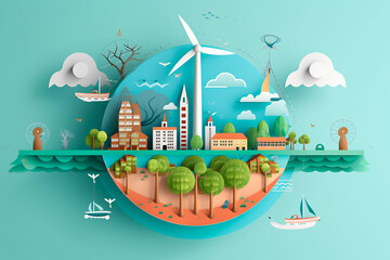 Earth day illustration of our globe, concept of ecology, green energy and sustainable development, carbon reduction solutions 