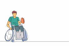 Single Continuous Line Drawing American Football Player Recovering From Injury On Wheelchair. Man Playing On Sport Competition. Athlete With Physical Disorder. One Line Graphic Design Vector