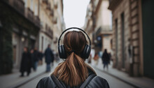 Back view of a woman listening to music or a podcast with headphones in the city, Unusual journey to new cities and countries concept, AI generated