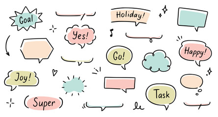 Poster - Balloon text frame decoration set. Simple hand drawn pen line speech bubble, cloud, balloon frame for text border. Doodle elegant dialog bubble, title headline. Vector illustration