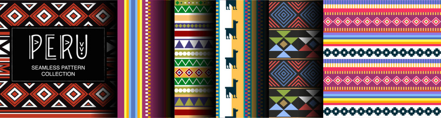 Peruvian ethnic seamless patterns. Collection of graphics from Peru. Tribal design from South America. Ornaments, textiles, decor elements. Inca illustrations. 