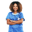 © Khushboo/peopleimages.com - Isolated female doctor, portrait and arms crossed with smile, pride and happy by transparent png background. Medic woman, african nurse and excited face for healthcare, wellness and job at hospital
