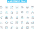 © Nina - Marketing plan linear icons set. Strategy, Objectives, SWOT, Segmentation, Differentiation, Positioning, Branding line vector and concept signs. Targeting,Promotion,Advertising outline illustrations