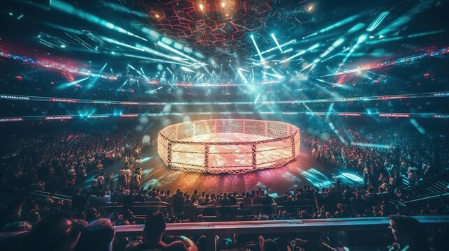 Empty boxing ring filled with cheering fans and colorful LED lights. Big arena with many people, big stage. Empty boxing ring surrounded with spectators. Generative AI