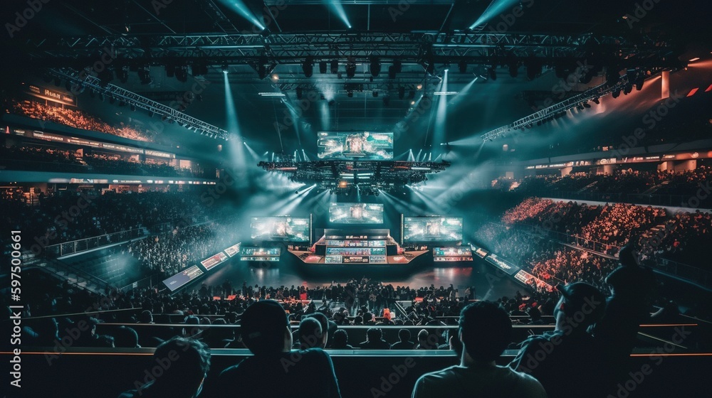 E-sports arena, esports tournament. Big illuminated main stage of a ...