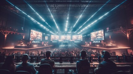 Wall Mural - E-sports arena, filled with cheering fans and colorful LED lights. Players compete on a large stage in front of a massive screen displaying the game. Generative AI