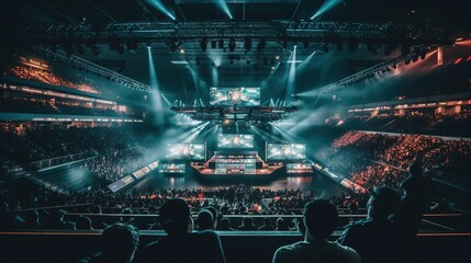 Wall Mural - E-sports arena, esports tournament. Big illuminated main stage of a computer games tournament located on a big stadium. Screens displaying the game. Generative AI
