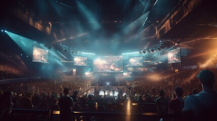 Wall Mural - E-sports arena, esports tournament. Big illuminated main stage of a computer games tournament located on a big stadium. Screens displaying the game. Generative AI