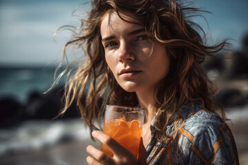 a fictional girl drinking orange cocktail