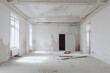 © ADDICTIVE STOCK - Generative AI illustration of empty spacious room with white shabby walls and ceiling against windows during renovation