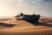 Ship Oil Tanker In The Middle Of The Desert. Generative AI