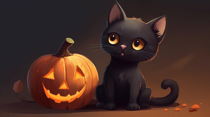 Halloween cat with pumpkin created with Generative AI technology