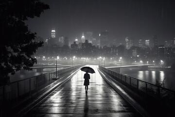 Black and White Woman with Umbrella in the City at Night During the Rain, Generative AI