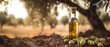 Eine Flasche frisches Olivenöl mit Oliven auf der Erde vor verschwommenem Olivenhain im Hintergrund im schönen Sonnenlicht, Generative AI