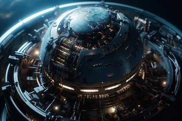 Wall Mural - future technology sphere cosmic background with earth inside a globe illustration generative ai
