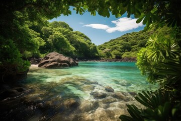 stunning photograph of a hidden tropical lagoon nestled in a lush cove, featuring crystal clear wate