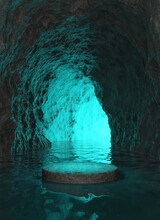 Black Dark Stone Podium Show Products Inside Rugged Rock Cave  Nature Tunnel Winding On Water Surface. Blue-green Light Shone Through Tunnel. Display Pedestal Mysterious Or Fantasy. 3D Illustration.