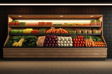 Wall Mural - Vibrant produce on display in a modern supermarket. Fresh fruits and vegetables in shelf. Generative AI