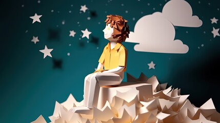 Wall Mural - paper craft illustration of a man watching starry sky at night time, Generative Ai