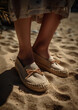 woman in summer comfortable espadrilles at beach, close up,  footwear , summer fashion detail , generative ai