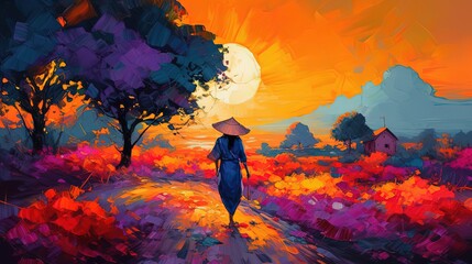 illustration of a Vietnamese farmer walking on countryside road at sunset, idea for home wall decor, Generative Ai