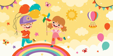 Wall Mural - Happy Children On Sky Background