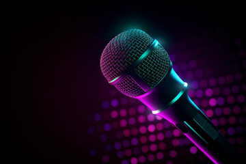 Neon black microphone background. Illustration AI Generative.