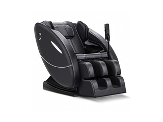Closeup of multifunctional body kneading black massage chair isolated on a white background.