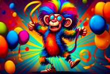 Colorful Monkey Dancing With Balloons And Streamers In The Background Of Colorful Background. Generative AI.