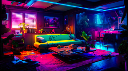 Wall Mural - Living room filled with furniture and neon colored light on the ceiling. Generative AI.