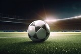 Fototapeta Sport - An image of a soccer ball sitting on a perfectly manicu Generative AI 3