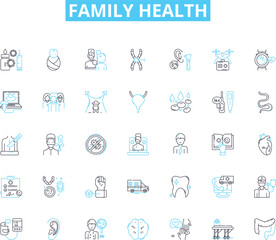  Family health linear icons set. Nutrition, Exercise, Hygiene, Sleep, Vaccines, Prevention, Medicine line vector and concept signs. Checkups,Therapy,Diagnosis outline illustrations Generative AI