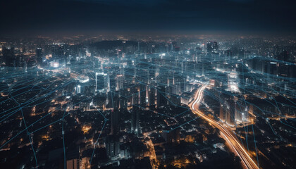 Sticker - Glowing city skyline, illuminated by blue lights generated by AI