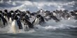 A colony of penguins sliding and belly-flopping across the ice, concept of Group behavior, created with Generative AI technology