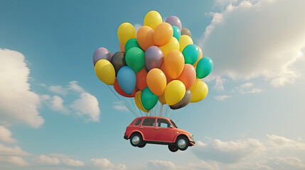 car with attached multicolored balloons flies high in blue sky, new car as gift for holiday, fast tr