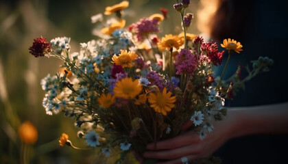 Poster - Yellow daisy bouquet held by woman outdoors generated by AI